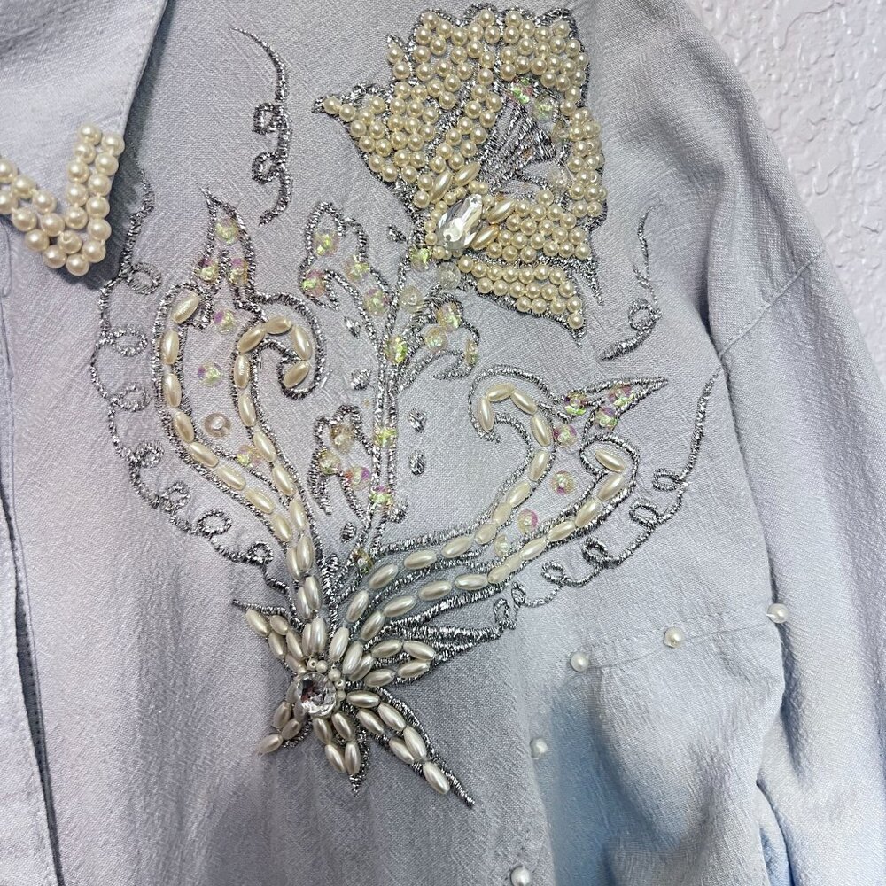 Vtg Elite M Womens Western Shirt Light Blue Pearl & Bead Floral Design Button Up - Picture 4 of 10